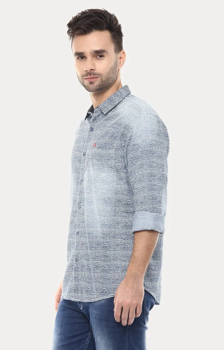 Spykar Men'S Blue Cotton Striped Casual Shirts