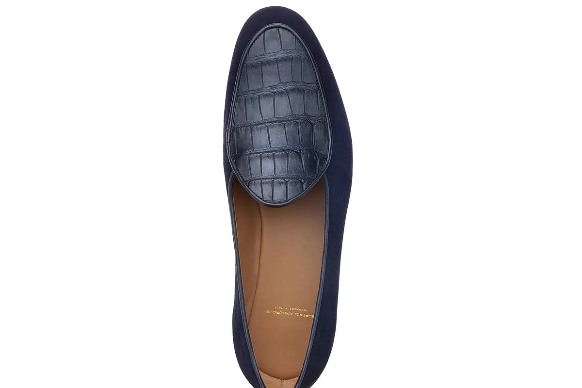 TANGERINE CROCOSUEDE NAVY BELGIAN LOAFERS