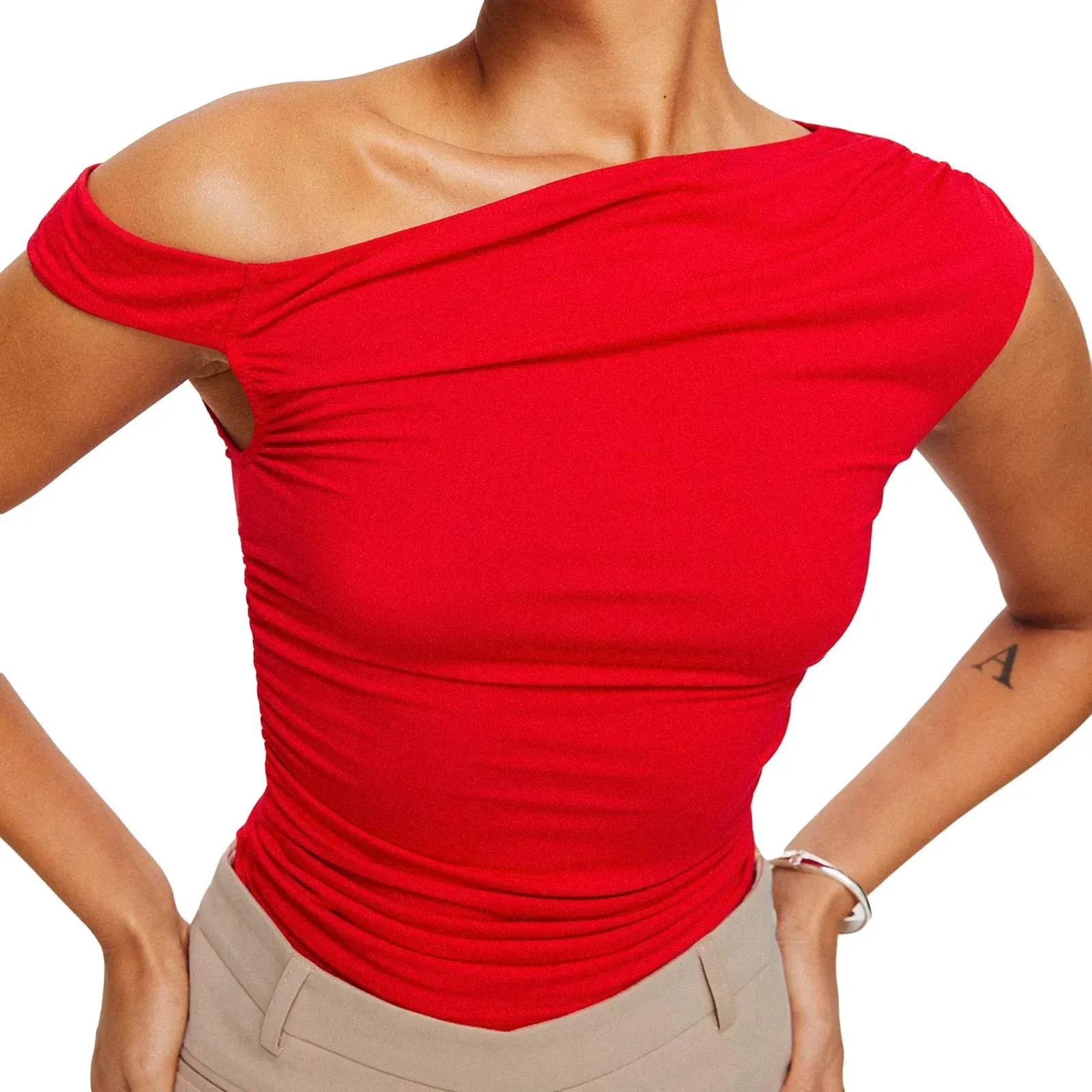 Tank Tops One Shoulder Ruched Tight Fitted Solid Color Crop Slim Top