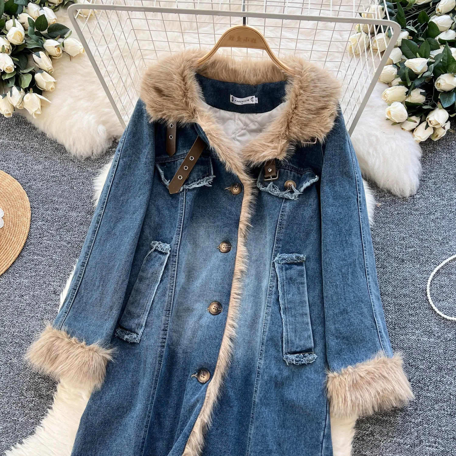 Thermal Thickened Denim Patchwork Coat