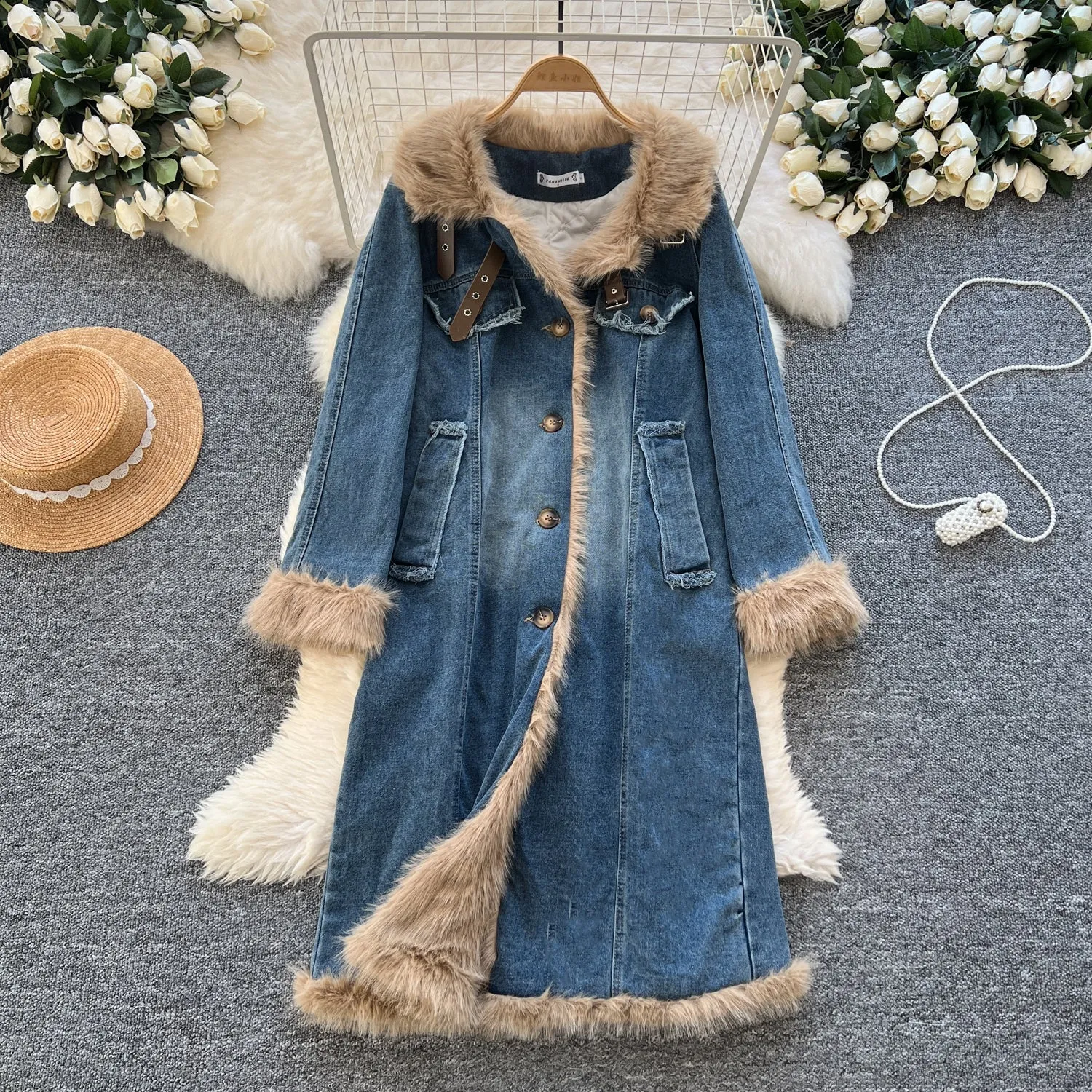 Thermal Thickened Denim Patchwork Coat