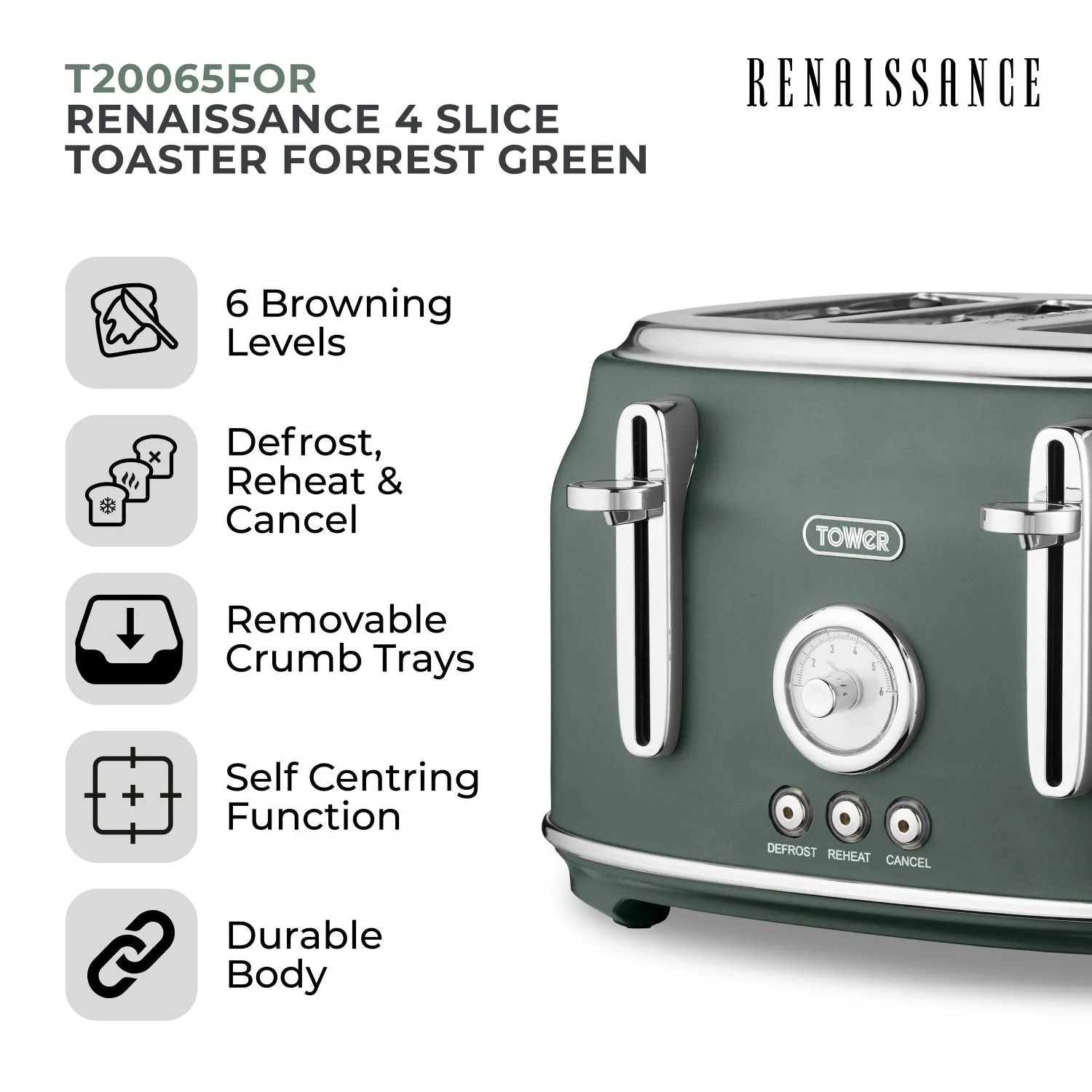 Tower Renaissance 4 Slice Toaster Forrest Green