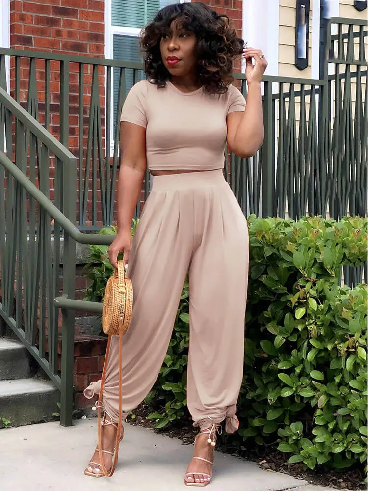 Two Pieces Solid Color Crop Top & Wide Leg Pants