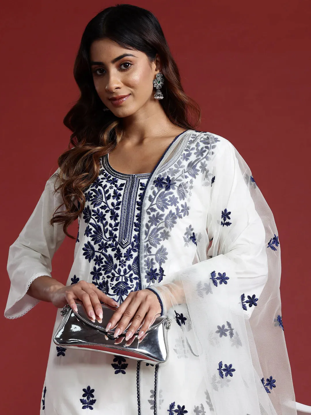 White Embroidered Straight Shape Suit Set with Dupatta