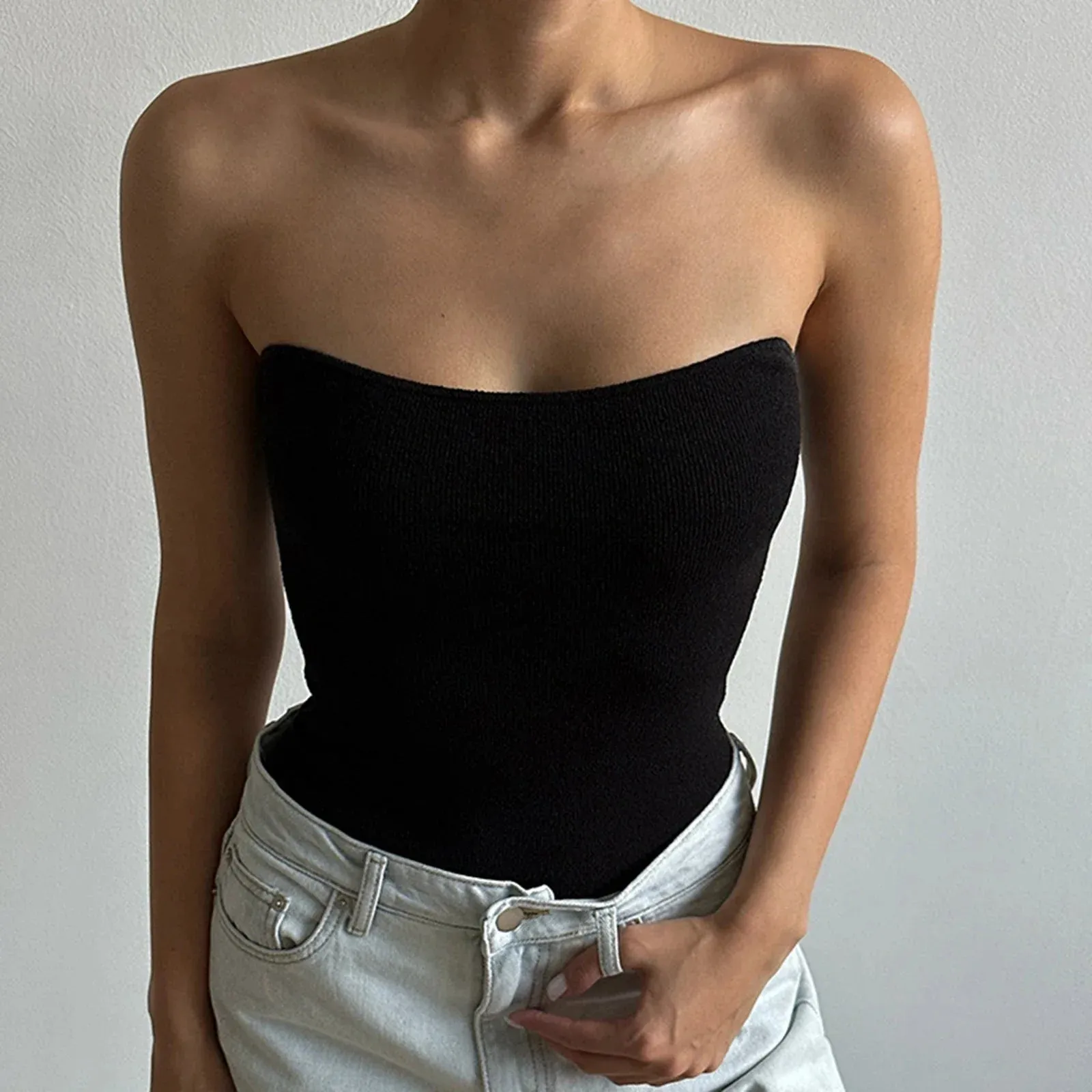 Women Summer Ribbed Fitted Bandeau Tops Off Shoulder Strapless Solid Color Tube Tank Y2k Top