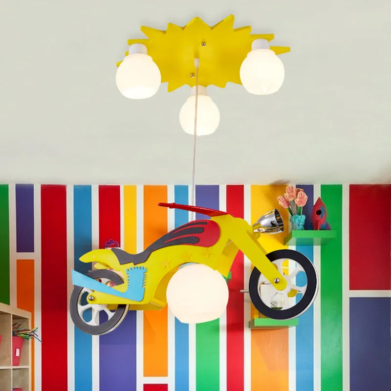 Yellow Motorbike Kids Pendant Lamp with White Glass Shade - 4 Light Cluster Ceiling Fixture