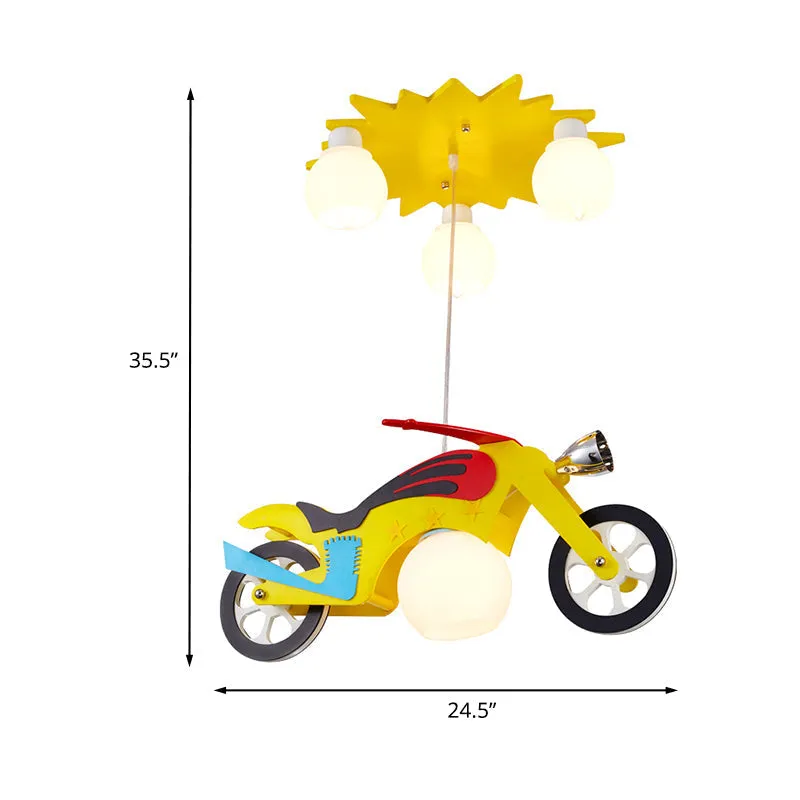 Yellow Motorbike Kids Pendant Lamp with White Glass Shade - 4 Light Cluster Ceiling Fixture